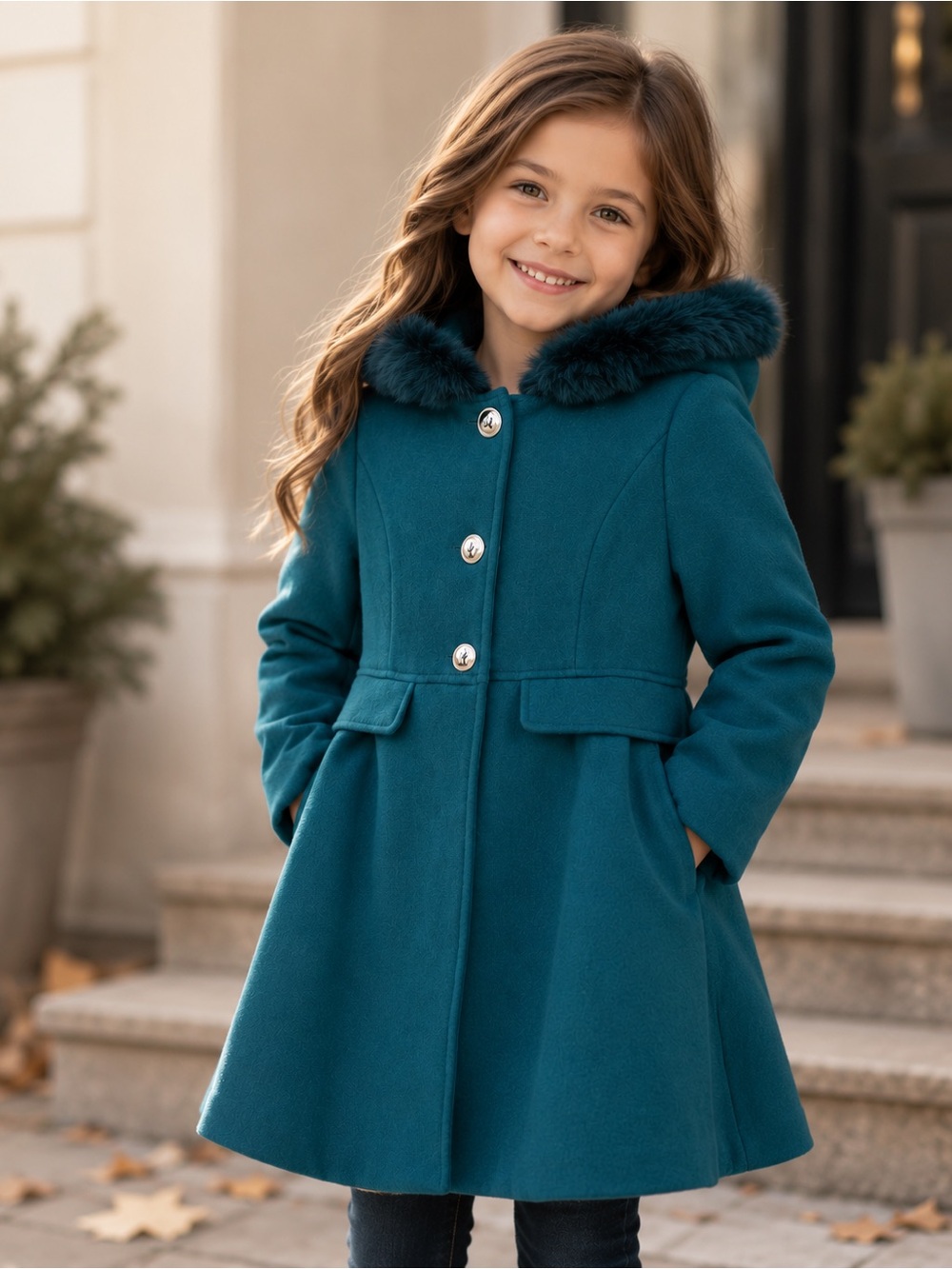 Teal Girls Dress Coat with Faux Fur Trim